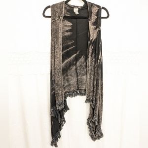 American Age Black Acid Wash Fringe Hem Asymmetric Cardigan Vest, S